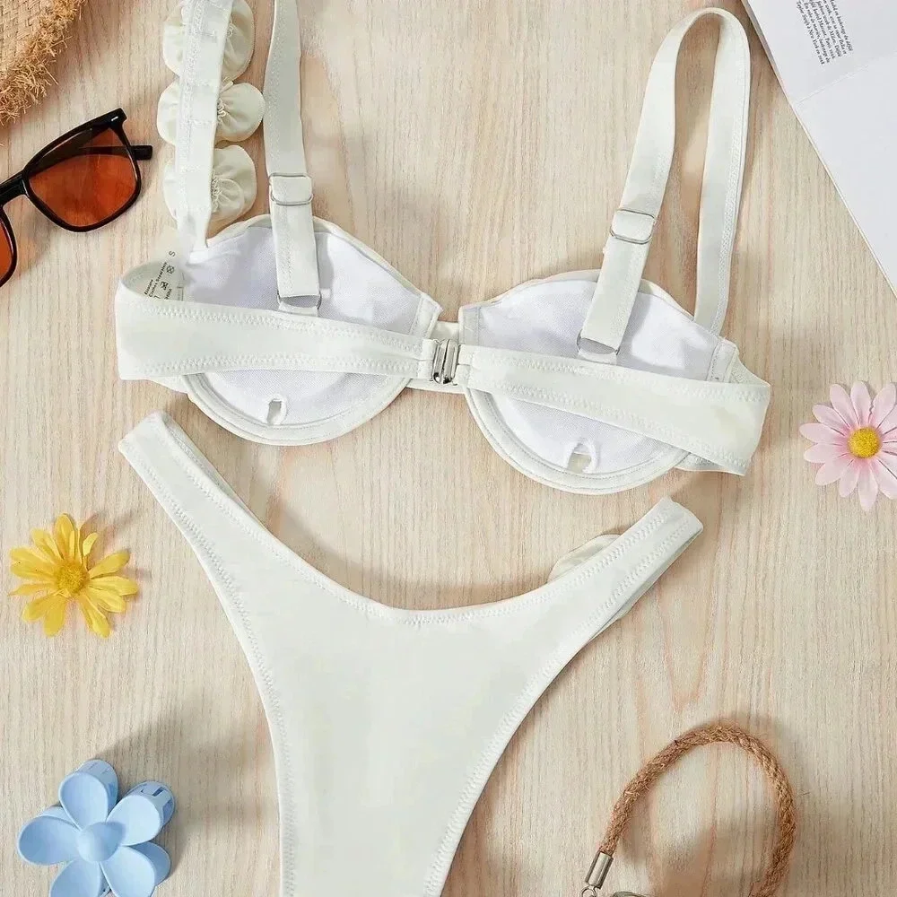 Beige Cute Women's Underwire 3d Floral Sexy Bikini Set